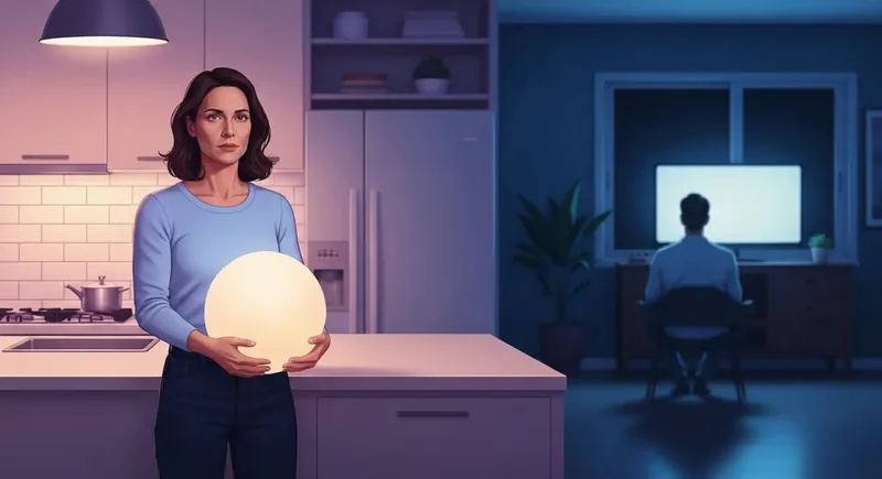 A woman carrying the glowing weight of an adultier adult relationship imbalance in a dark kitchen, bestie-ai.webp