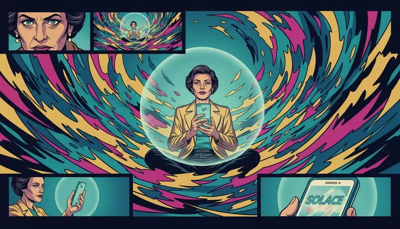 A person finds calm amidst emotional chaos by using one of the best free dbt apps for emotional regulation on their phone, which glows like a protective shield. filename: free-dbt-apps-for-emotional-regulation-bestie-ai.webp