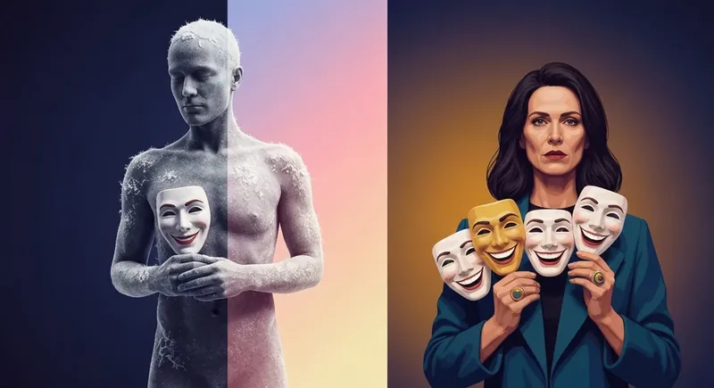 freeze-vs-fawn-trauma-response-bestie-ai.webp - A symbolic representation of a frozen stone figure next to a person holding multiple smiling masks to illustrate the freeze vs fawn trauma response.