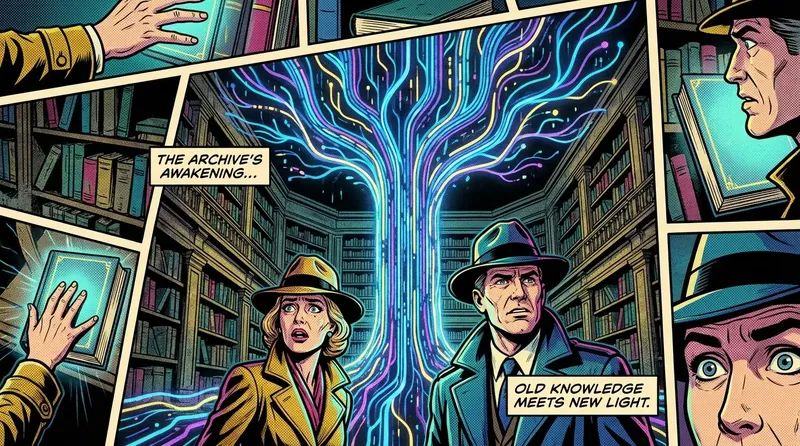 A symbolic image representing the future of academic publishing with AI, showing a digital data tree growing in a classic library. This illustrates the integration of technology and traditional scholarship, a key theme for any ai & society journal. Filename: future-of-academic-publishing-with-ai-bestie-ai.webp