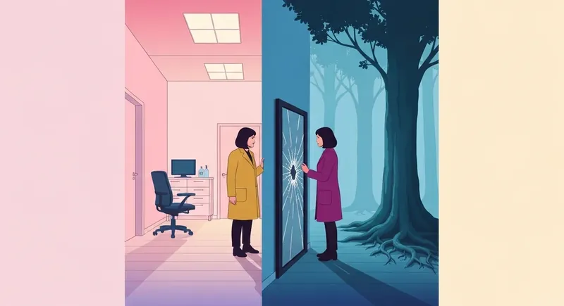 A person reflecting on generalized anxiety disorder vs complex ptsd symptoms while standing between a clinical and symbolic world, representing deep psychological self-discovery.