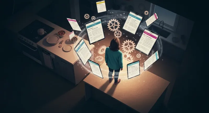 unpaid-labor-and-mental-load-global-statistics-bestie-ai.webp. A woman balancing a complex crown of domestic tasks and clock gears, symbolizing the unpaid labor and mental load global statistics that define modern womanhood.