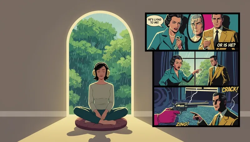 A person finds calm using green noise for anxiety, illustrated by them peacefully wearing headphones while looking out at a serene, green forest. green-noise-for-anxiety-bestie-ai.webp