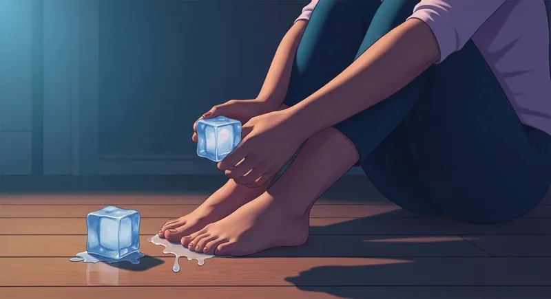 A person practicing grounding exercises for emotional overwhelm by holding an ice cube and connecting with the physical floor. grounding-exercises-for-emotional-overwhelm-bestie-ai.webp