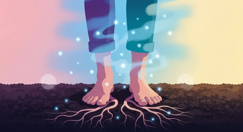 A person using grounding techniques for emotional regulation to stay connected to the earth during a moment of dissociation, depicted as roots growing from feet into the soil-grounding-techniques-for-emotional-regulation-bestie-ai.webp