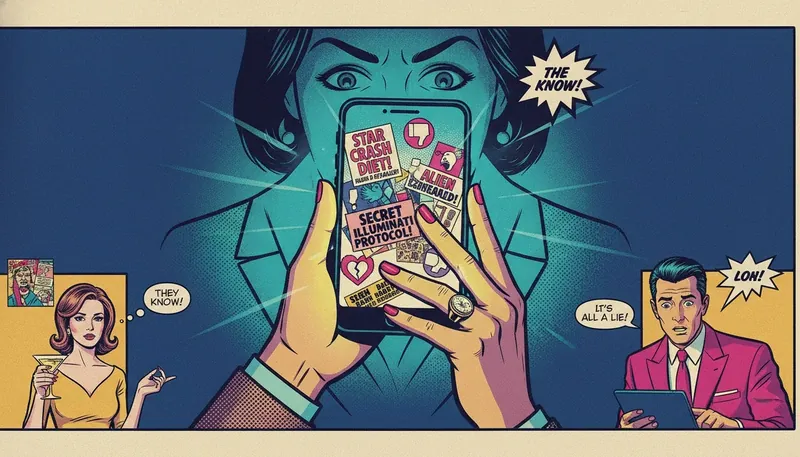 A person holding a phone showing a swirl of headlines, representing a user's need for a guide to dealing with celebrity rumors and online misinformation. The image symbolizes finding clarity in digital chaos. Filename: guide-to-dealing-with-celebrity-rumors-bestie-ai.webp