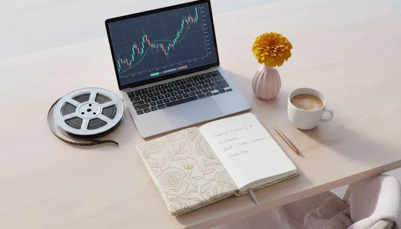 A desk symbolizing a guide to financial independence for women, inspired by Goldie Hawn, with a film reel for legacy and a laptop for modern wealth building. Filename: guide-to-financial-independence-for-women-goldie-hawn-bestie-ai.webp