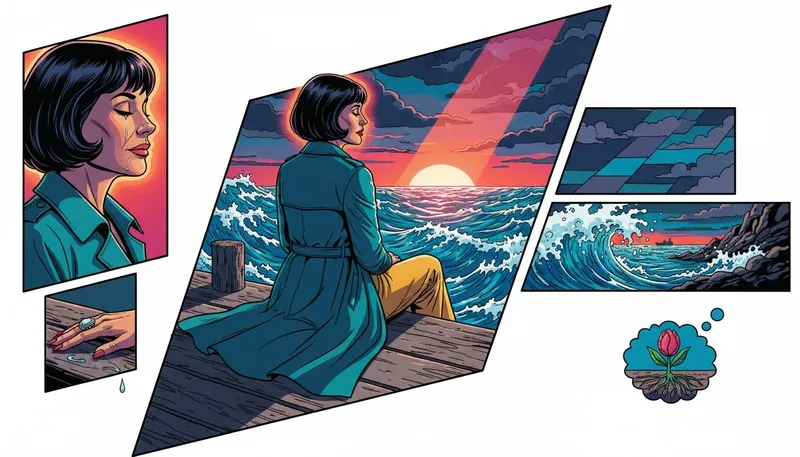 A person sits peacefully on a dock overlooking a stormy sea, illustrating a practical guide to processing emotions healthily without being overwhelmed. Filename: guide-to-processing-emotions-healthily-bestie-ai.webp