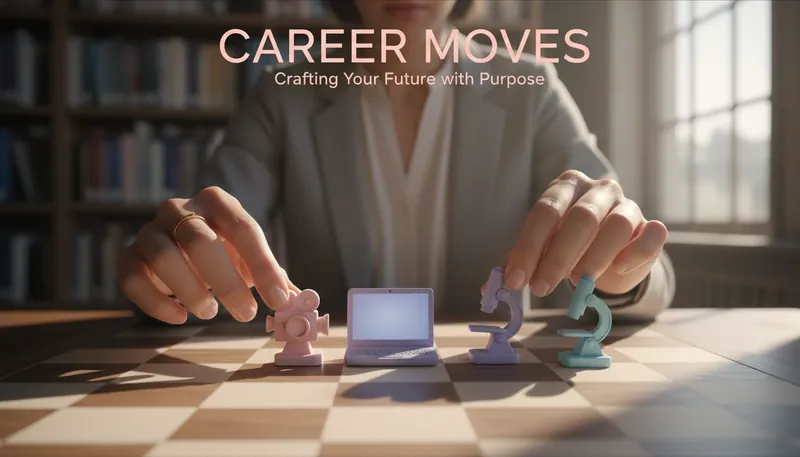 A woman's hands strategically moving career-themed chess pieces, illustrating a thoughtful guide to professional reinvention and personal branding. guide-to-professional-reinvention-bestie-ai.webp
