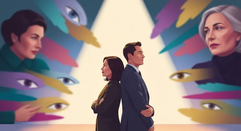 A couple forms a united front while handling external judgment in a relationship, depicted as a calm space amidst a chaotic storm of outside opinions. handling-external-judgment-in-a-relationship-bestie-ai.webp