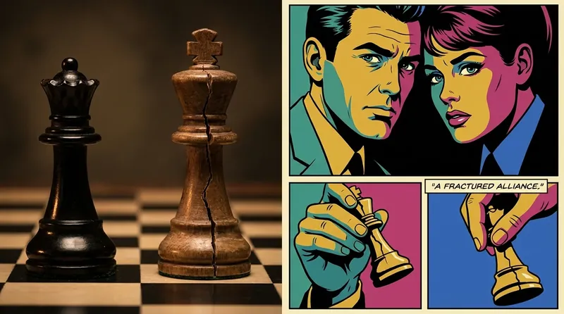 A symbolic image exploring healthy vs toxic competition in relationships, showing a cracked chess piece next to a perfect one on a board, representing hidden damage. Filename: healthy-vs-toxic-competition-in-relationships-bestie-ai.webp