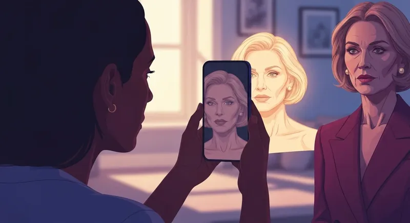 A person feeling insecure about healthy vs unhealthy parasocial relationships sees a celebrity's face reflected on a phone instead of their own. Filename: healthy-vs-unhealthy-parasocial-relationships-bestie-ai.webp