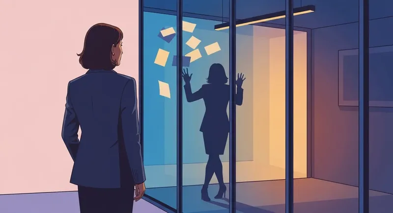 A professional woman masking high functioning anxiety at work, depicted by a calm exterior and a chaotic reflection-high-functioning-anxiety-at-work-bestie-ai.webp