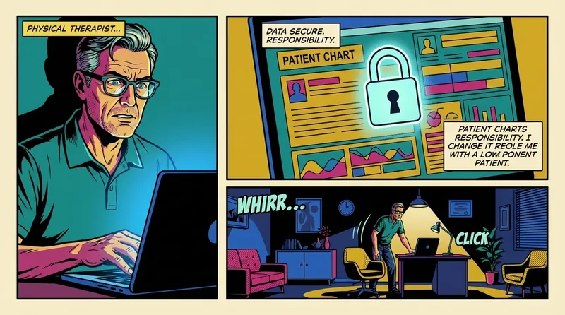 A physical therapist reviews patient data on a laptop, considering the security of a HIPAA compliant AI for physical therapy solution, symbolized by a digital lock icon. File: hipaa-compliant-ai-for-physical-therapy-bestie-ai.webp