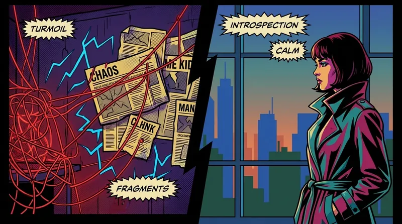 An artistic split-screen image contrasting a chaotic wall of red strings with a calm woman's face, symbolizing the complex Hollywood portrayal of bipolar disorder. Filename: hollywood-portrayal-of-bipolar-disorder-bestie-ai.webp