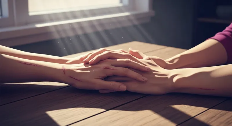 A close-up of two hands symbolizing how a healthy relationship helps heal trauma, with one hand gently offering support to another that has faint scars, set in a warm, safe light. how-a-healthy-relationship-helps-heal-trauma-bestie-ai.webp