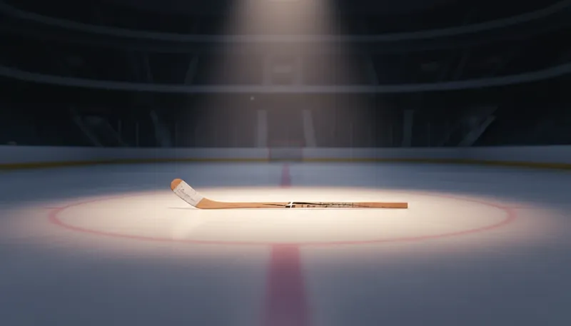 A cracked hockey stick on the ice, symbolizing the question of how sports teams build fan trust after a difficult decision like the Marc Savard firing. filename: how-sports-teams-build-fan-trust-bestie-ai.webp