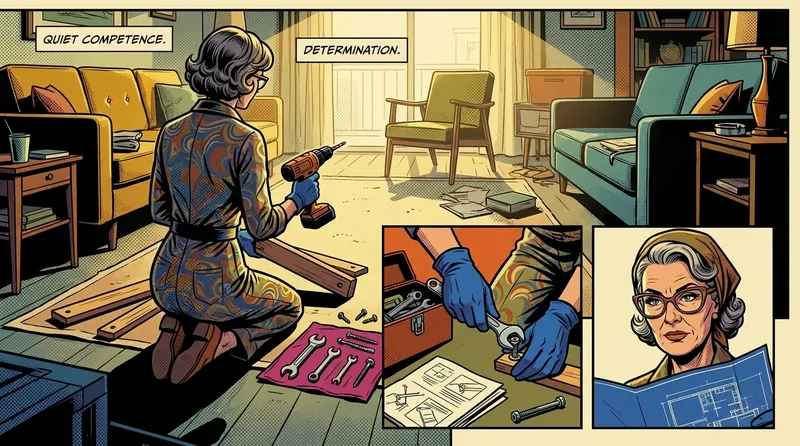 A woman demonstrates how to become more self-reliant by assembling a complex bookshelf on her own in a sunlit room, symbolizing independence and capability. filename: how-to-become-more-self-reliant-bestie-ai.webp