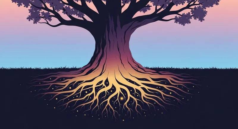 A golden glowing tree root system representing how to become securely attached-bestie-ai.webp