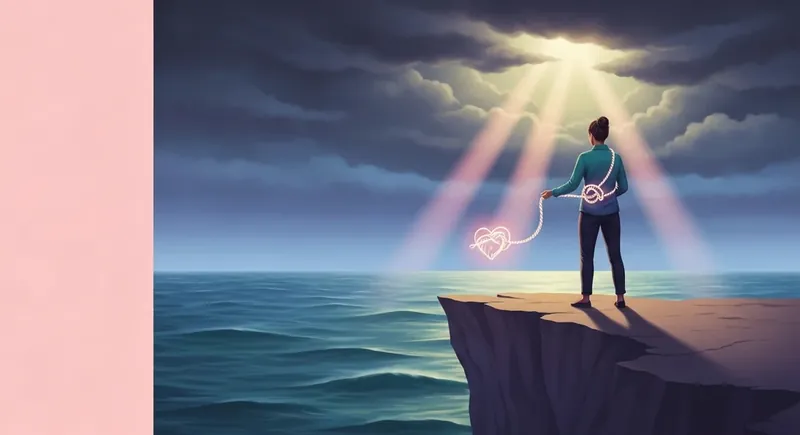 A symbolic image illustrating how to break on-again off-again relationship cycle, showing a person finding peace by untangling glowing ropes tied to their heart. File: how-to-break-on-again-off-again-relationship-cycle-bestie-ai.webp