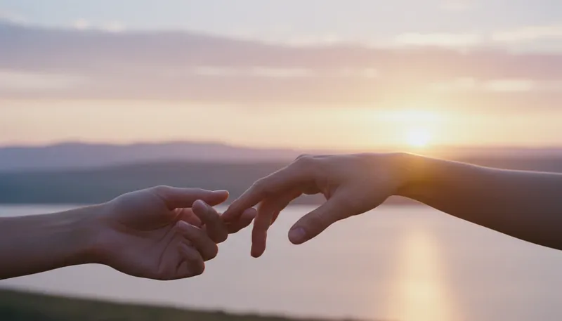 Two hands gently separating against a hopeful sunrise, symbolizing the process of learning how to consciously uncouple from a partner with grace and starting a new chapter. how-to-consciously-uncouple-from-a-partner-bestie-ai.webp