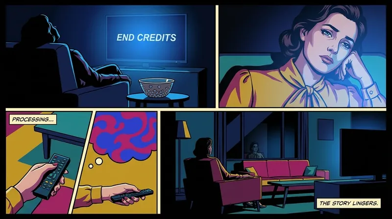 A person sitting in a dark room illuminated by a blank TV screen, illustrating the feeling of emptiness and the need to learn how to cope after watching a sad show. filename: how-to-cope-after-watching-a-sad-show-bestie-ai.webp