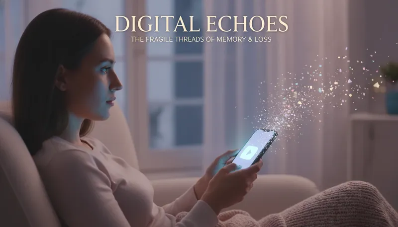 A person grieving a sudden loss, illustrating the emotional steps for how to cope with a YouTuber's death as they look at a fracturing icon on their phone. Filename: how-to-cope-with-youtuber-death-bestie-ai.webp