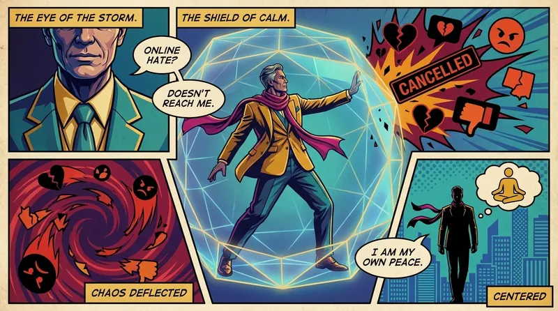 A symbolic image illustrating how to deal with cyberbullying and online hate, showing a person protected by a glowing shield from a storm of negative social media icons. Filename: how-to-deal-with-cyberbullying-and-online-hate-bestie-ai.webp