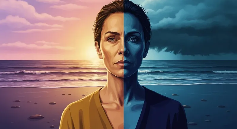 An evocative conceptual image illustrating how to deal with fearful avoidant partner dynamics, depicting a shoreline caught between a calm sea and a storm. fearful-avoidant-partner-bestie-ai.webp