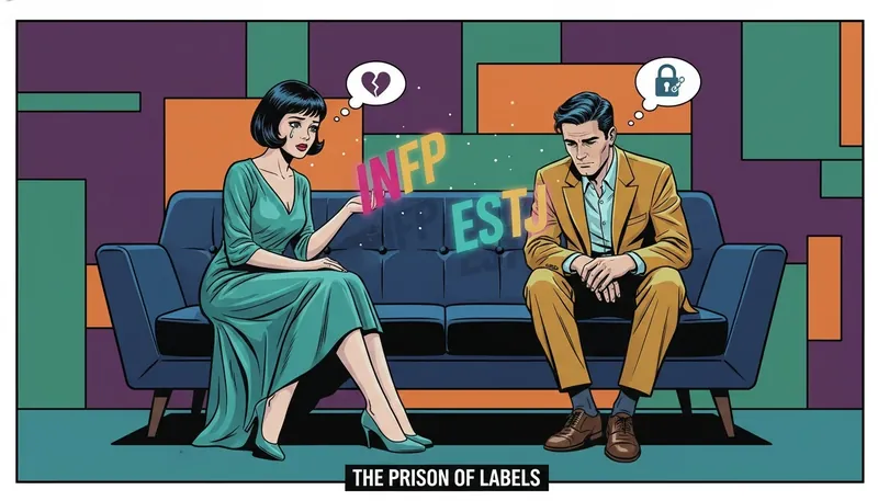 A couple sits apart on a sofa, separated by glowing MBTI letters, illustrating the emotional distance that can arise from learning how to deal with mbti obsession in a relationship. File: how-to-deal-with-mbti-obsession-bestie-ai.webp