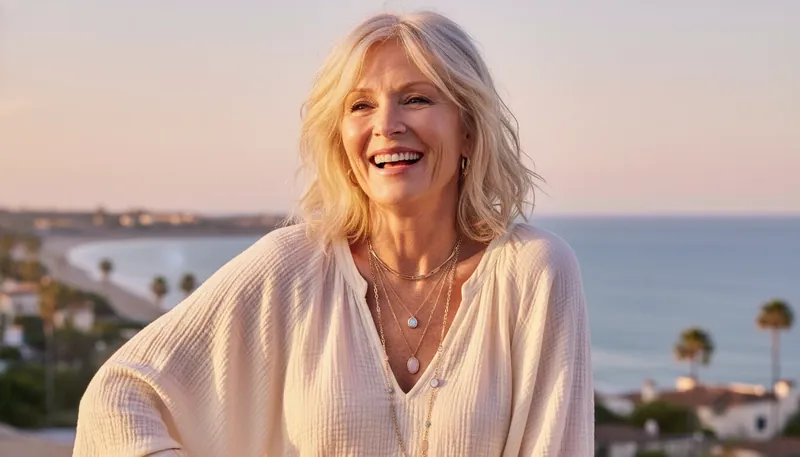 An inspiring image showing how to develop a personal style with joy, featuring a confident older woman with a radiant smile, embodying Goldie Hawn's timeless fashion sense. Filename: how-to-develop-a-personal-style-bestie-ai.webp