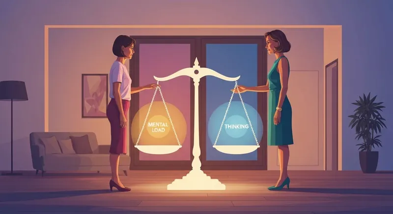 A symbolic representation of how to divide household labor fairly by balancing the invisible mental load between partners. how-to-divide-household-labor-fairly-bestie-ai.webp