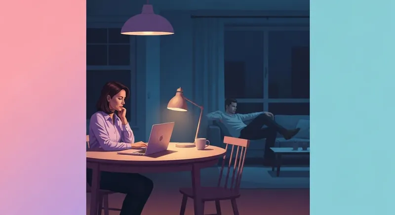 A woman managing the mental load in marriage while her partner rests, reflecting the need for better communication in relationships. how-to-explain-mental-load-to-husband-bestie-ai.webp