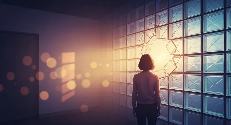 A person watching a glass wall crack to let in golden light, symbolizing how to fix emotional unavailability through self-healing and openness.
