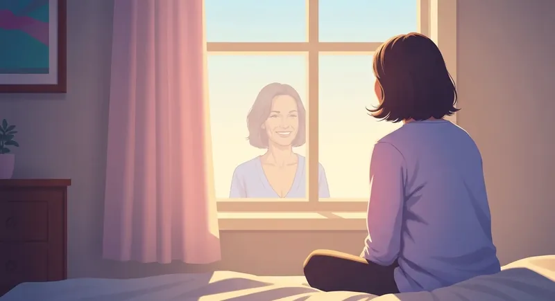 A person finds peace and learns how to get over embarrassment by gently smiling at their own reflection in a sunlit window, symbolizing self-compassion. how-to-get-over-embarrassment-bestie-ai.webp