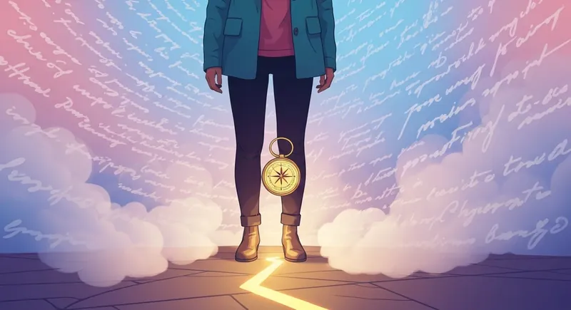 A person using a glowing compass to navigate how to handle self doubt in a foggy landscape-bestie-ai.webp