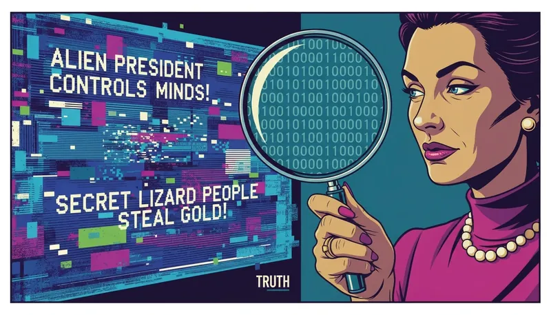 A magnifying glass revealing the truth behind a screen, illustrating how to identify fake news about celebrities. filename: how-to-identify-fake-news-about-celebrities-bestie-ai.webp