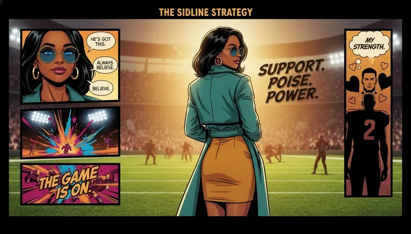 A woman embodying the grace needed for how to integrate into a new partner's life, standing supportively on the sidelines of a football field. how-to-integrate-into-a-new-partners-life-bestie-ai.webp