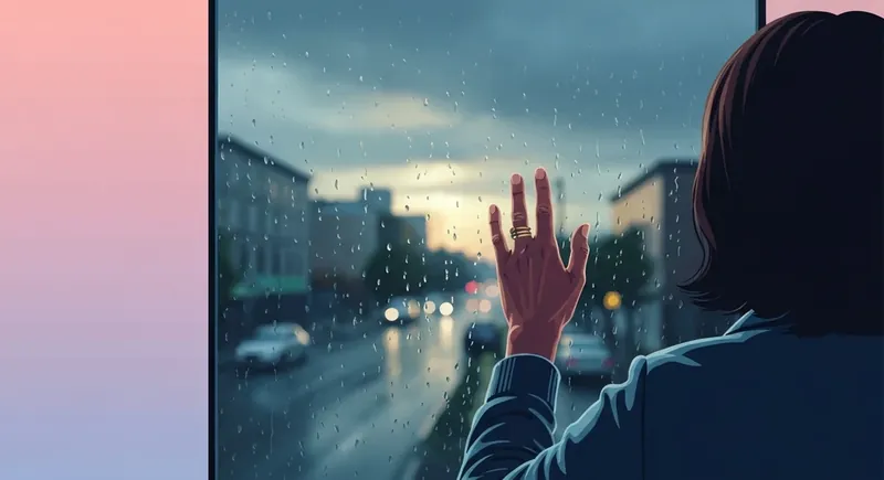 A person contemplating how to know when to end a relationship, looking through a rainy window at a hopeful sunrise, symbolizing a difficult choice for a better future. how-to-know-when-to-end-a-relationship-bestie-ai.webp