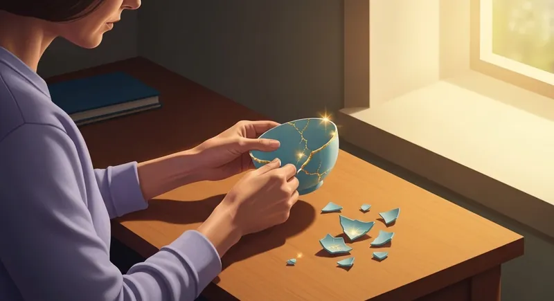 A person learning how to learn from a breakup by mending a broken kintsugi bowl with gold, symbolizing healing and post-breakup analysis. File: how-to-learn-from-a-breakup-bestie-ai.webp
