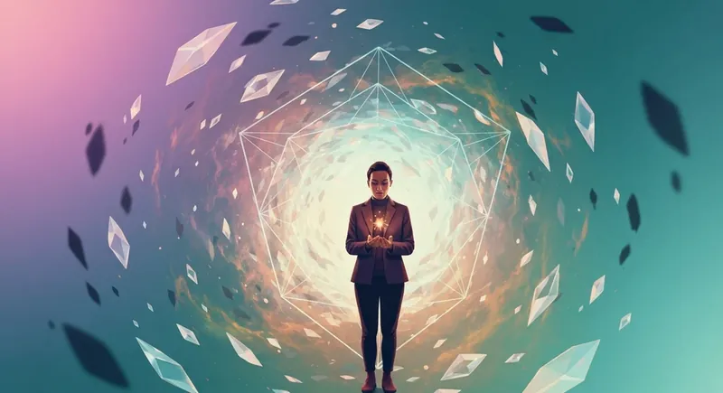 A peaceful person protected by a crystalline shield, illustrating how to maintain emotional distance from someone in a chaotic environment-bestie-ai.webp