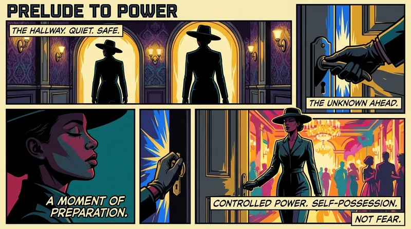 A person pauses to reflect on how to manage social anxiety at events before confidently entering a brightly lit ballroom, symbolizing inner strength. how-to-manage-social-anxiety-at-events-bestie-ai.webp