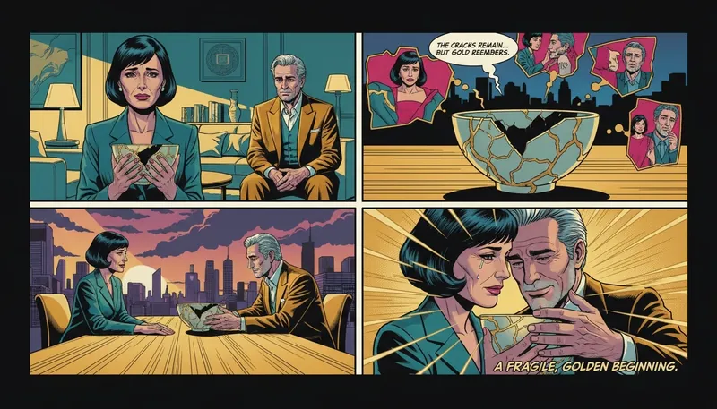 Two hands reaching across a table toward a kintsugi bowl, symbolizing how to repair a relationship after a fight through healing and accountability.