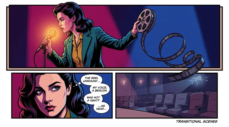 A symbolic image illustrating how to start a music career as an actor, showing a woman transitioning from holding a film reel to singing into a glowing microphone on stage. filename: 'how-to-start-a-music-career-as-an-actor-bestie-ai.webp'