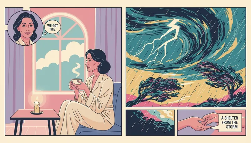 A serene indoor sanctuary contrasting with a storm outside, symbolizing how to support a partner in a high stress job-bestie-ai.webp
