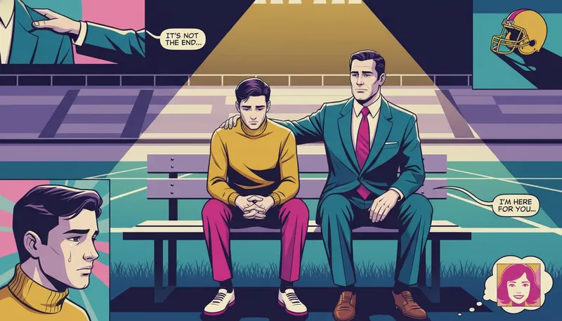 A father and son sharing a quiet moment, demonstrating how to talk to your child after a loss in a high-pressure environment-bestie-ai.webp