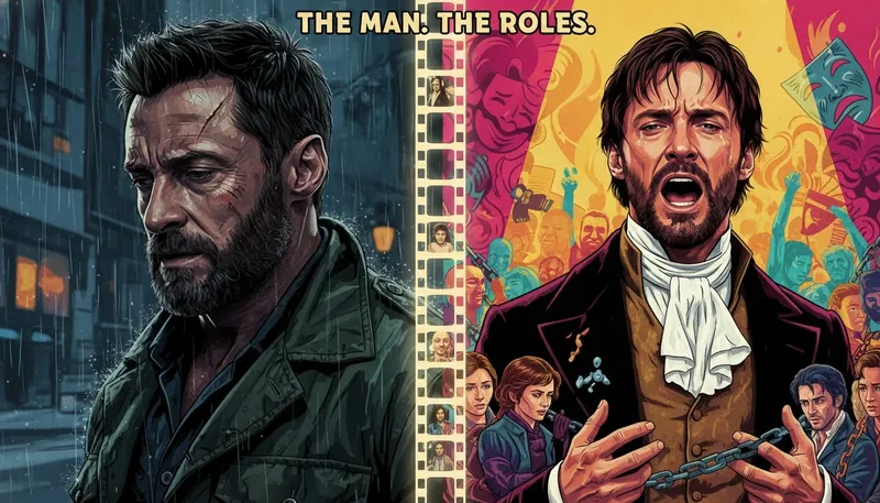 A composite image showing the duality of Hugh Jackman best movies and roles, with a split between his gritty Wolverine character and his theatrical Jean Valjean performance. hugh-jackman-best-movies-and-roles-bestie-ai.webp