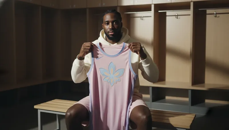 A basketball player contemplating his new team jersey, illustrating the psychological impact of mid-season trades on team chemistry. Filename: impact-of-mid-season-trades-on-team-chemistry-bestie-ai.webp
