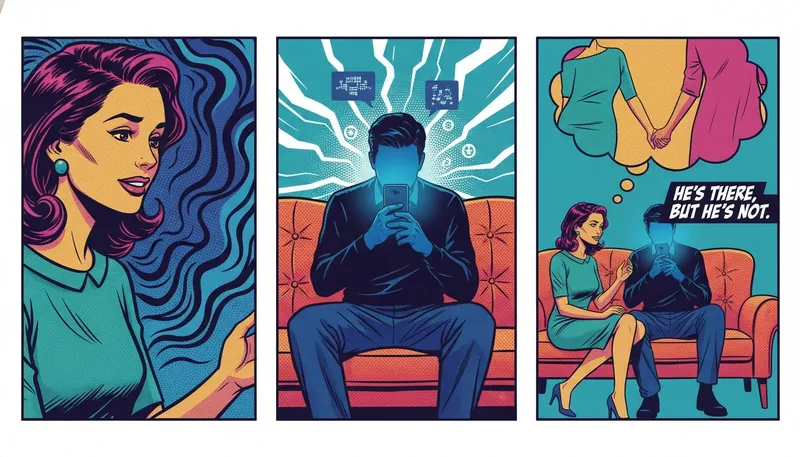 A couple on a couch illustrating the negative impact of social media on relationship satisfaction, as one partner is absorbed by their phone's blue light while the other reaches out for connection. image-slug: impact-of-social-media-on-relationship-satisfaction-bestie-ai.webp
