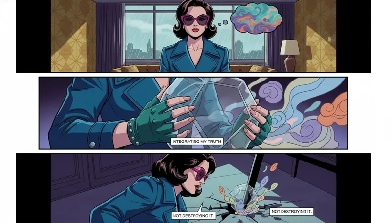 A visual metaphor for infp personal growth tips: a person carefully places a crystal-clear structure into a dreamy, cloud-like landscape, symbolizing the integration of logic and idealism. infp-personal-growth-tips-bestie-ai.webp